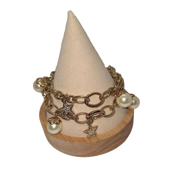 AVON Double Link Chain Bracelet Faux Pearls Star Charms Gold Tone - Picture 1 of 4